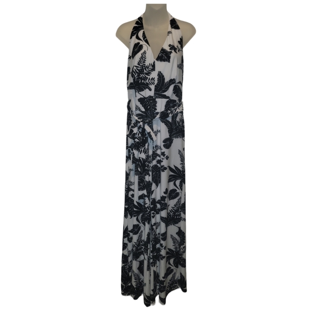 New York & Co, Women's Black & White Tropical Halter Tie Waist Jumpsuit, Sz 14